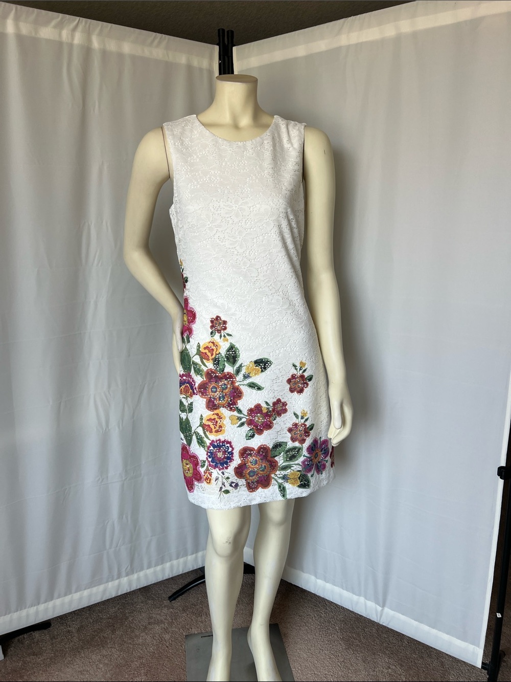 Desigual White Lace Mini Dress with Multicolor Floral Embroidery
